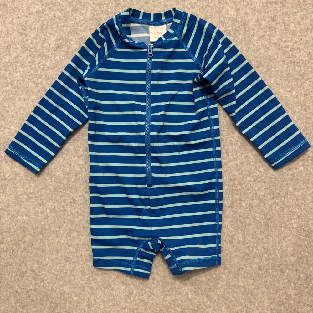 Hanna Andersson Baby Boys Blue Striped Long Sleeve Rash Guard Sun Suit 18-24M